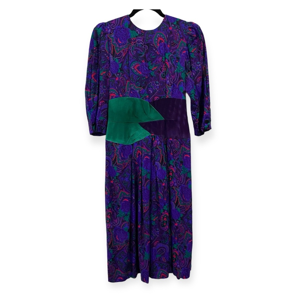 Kwai Petites Union Made ILGWU Vintage Paisley Dress Leather Waistband Purple 8